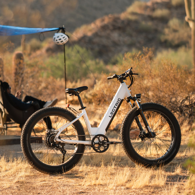 Lectric eBike along river carrying fishing gear with man fishing