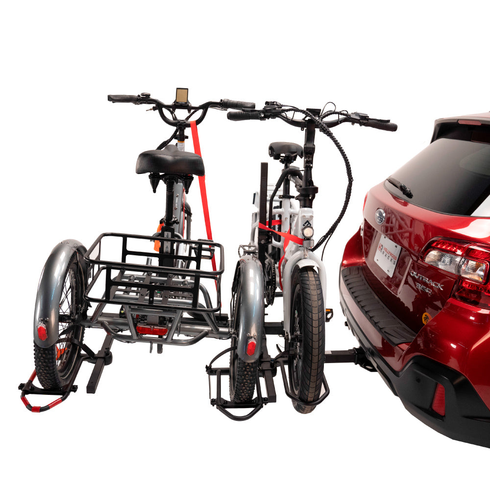 Lectric XP Trike and Lectric Xpedition on a bike rack attached to an SUV