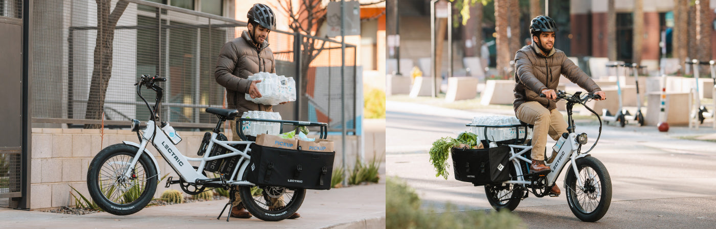 Man loading groceries and water into Lectric XPedition and riding down the street